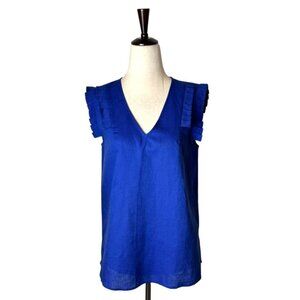 Jade Shirt Women Small‎ Blue Linen Blend Ruffled V Neck Top Preppy Lagenlook